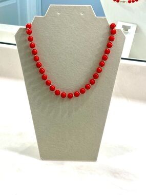 Vintage Chunky Red Round Bead Statement Necklace Gold Spacer Accent Collar